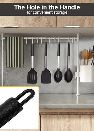 Silicone Spatula Spoon Set, 4 PCS Silicone Cooking Utensils Spatula Spoon Set with Stainless Steel Handle, BPA Free Kitchen Turners for Frying, Mixing, Serving, Draining, Turning, Stirring, Black