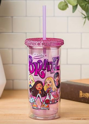Silver Buffalo Bratz Featuring Cloe, Yasmin, Jade, and Sasha Plastic Tall Cold Cup with Rhinestones Lid and Straw, 20 Ounces