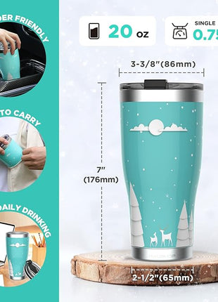 HAUSHOF 20oz Christmas Tumbler, Stainless Steel and Double Wall Insulated Travel Coffee Mug with Lid, Good Choice for Christsmas Gifts-Teal with Christmas Tree