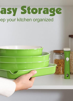 SENSARTE 17 Piece Ceramic Pots and Pans Set, Nonstick Detachable Handle Cookware, Induction Kitchen Cookware Set with Removable Handle, Dishwasher ＆ Oven Safe (Green)