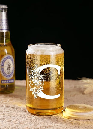 Coolife Initial Glass Cup, Monogrammed Gifts for Women, 16 oz Glass Cups w/Lids Straws, Iced Coffee Smoothie Beer Tumbler w/Straw Lid - Personalized Christmas, Birthday Gifts for Her Mom Friend Woman