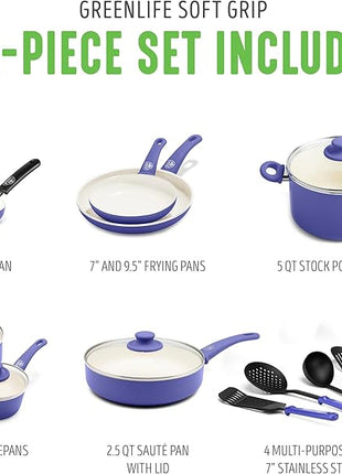 GreenLife 16 Piece Nonstick Cookware Set, Soft Grip Non-Toxic PFAS-Free Ceramic Pots & Pans, Dishwasher & Oven Safe, Frying, Sauce, Utensils, Glass Lids, Stay-Cool Handles, Wobble Free, Periwinkle