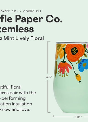 Corkcicle Stemless Insulated Wine Glass Tumbler - Keeps Beverages Cold 6 Hrs Hot 3 Hrs - Stainless Steel - Easy-Grip - Gift for Mom - Great for Mother's Day or Christmas - 12 oz - Mint Lively Floral