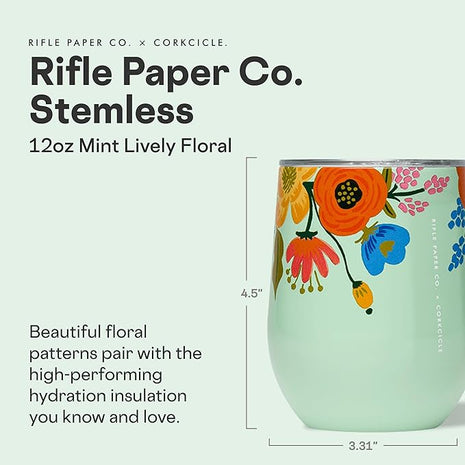 Corkcicle Stemless Insulated Wine Glass Tumbler - Keeps Beverages Cold 6 Hrs Hot 3 Hrs - Stainless Steel - Easy-Grip - Gift for Mom - Great for Mother's Day or Christmas - 12 oz - Mint Lively Floral