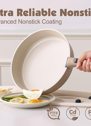 SENSARTE 17 Piece Ceramic Pots and Pans Set, Nonstick Detachable Handle Cookware, Induction Kitchen Cookware Set with Removable Handle, Dishwasher ＆ Oven Safe (Almond Beige)