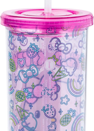 Silver Buffalo Sanrio Hello Kitty Neon Fruit Pattern Plastic Cold Cup with Lid and Straw, 20 Ounces