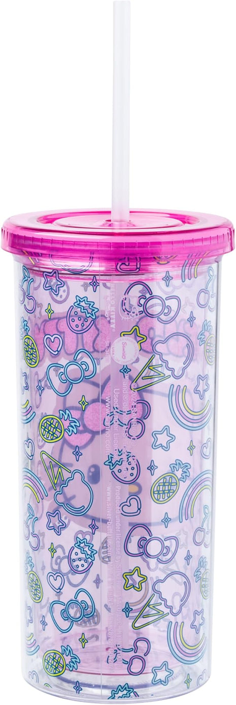Silver Buffalo Sanrio Hello Kitty Neon Fruit Pattern Plastic Cold Cup with Lid and Straw, 20 Ounces