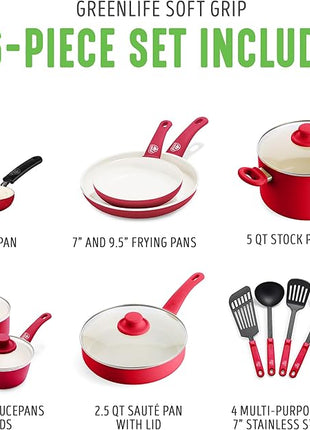 GreenLife 16 Piece Nonstick Cookware Set, Soft Grip Non-Toxic PFAS-Free Ceramic Pots & Pans, Dishwasher & Oven Safe, Frying, Sauce, Saute, Utensils, Glass Lids, Stay-Cool Handles, Wobble Free, Red