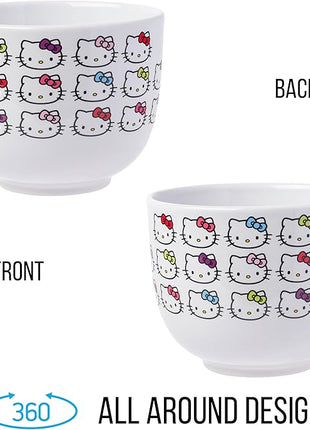 Silver Buffalo Sanrio Hello Kitty Face with Different Color Bows Pattern Ceramic Ramen Noodle Rice Bowl with Chopsticks, Microwave Safe, 20 Ounces