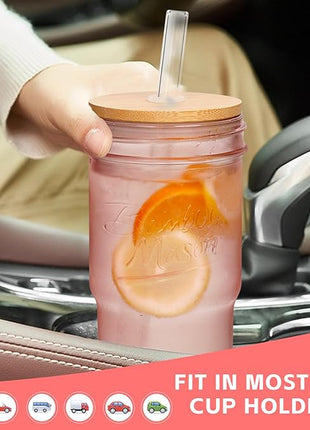 ANOTION Glass Cups with Lids and Straws, 24oz Pink Glass Tumbler Travel Coffee Mug Bamboo Mason Jar Iced Cup Smoothie Tea Clear Cute Water Drinking Jars Glasses