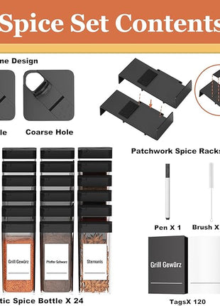 Famhap Spice Drawer Organizer 24 Pcs with 24 Plastic Spice Jars and Labels，Interlocking Expandable Seasoning Rack Tray Insert for Kitchen Drawers, Spice Rack Drawer