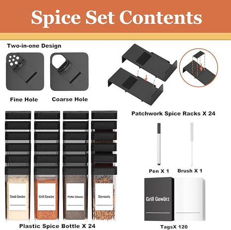 Famhap Spice Drawer Organizer 24 Pcs with 24 Plastic Spice Jars and Labels，Interlocking Expandable Seasoning Rack Tray Insert for Kitchen Drawers, Spice Rack Drawer