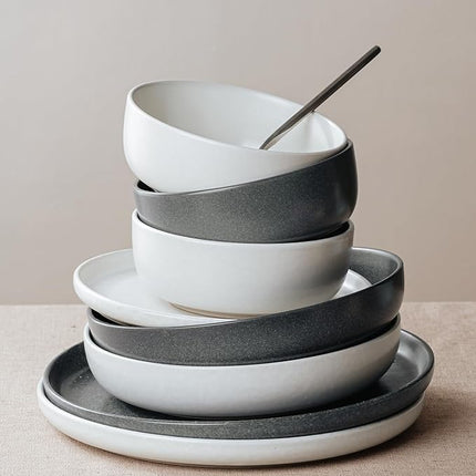 Famiware Milkyway Plates and Bowls Sets, 12 Pieces Dinnerware Sets, Reactive Glaze Dish Set, Stoneware Dishes Set for 4, Matte Beige White & Matte Dark Charcoal