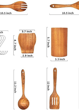 Teak Wooden Spoons for Cooking - 9 Pcs Comfort Grip Kitchen Utensil Set with Holder & Rest