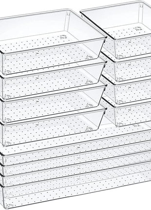 12 Pack Clear Plastic Drawer Organizer Set, Acrylic Non Slip Non Cracking Kitchen Drawer Storage Tray Large Size Divider, Multifunctional Storage for Cosmetics, Bathroom, Tools, Kitchen and Office