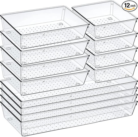 12 Pack Clear Plastic Drawer Organizer Set, Acrylic Non Slip Non Cracking Kitchen Drawer Storage Tray Large Size Divider, Multifunctional Storage for Cosmetics, Bathroom, Tools, Kitchen and Office
