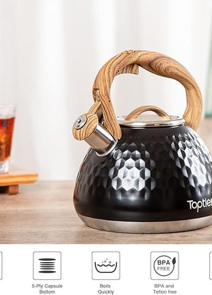 Tea Kettle, Toptier Teapot Whistling Kettle with Wood Pattern Handle Loud Whistle, Food Grade Stainless Steel Tea Pot for Stovetops Induction Diamond Design Water Kettle, 2.7-Quart Black