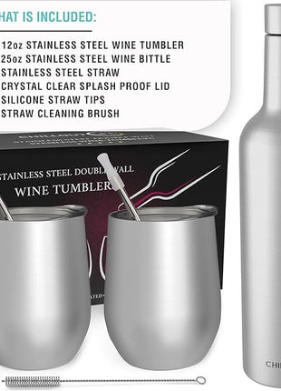 CHILLOUT LIFE 12 oz Stainless Steel Wine Tumblers 2 Pack & 1 Insulated Wine Bottle - Double Wall Vacuum Insulated Wine Glasses Cups with Lids and Straws Set Keeping Cold & Hot Gift Set
