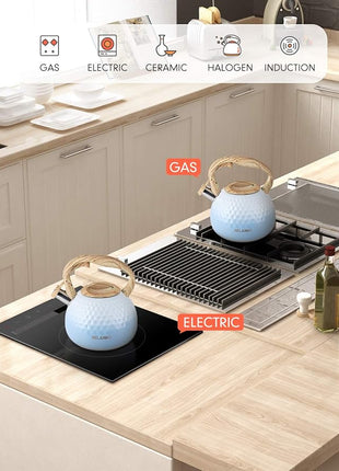 BELANKO 2.7 Quart Tea Kettle for Stovetop - Food Grade Stainless Steel with Diamond Texture, Designer Teapot Look, Cool-Touch Wood Pattern Handle, Whistling Spout - Gradient Blue