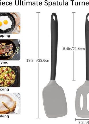 Coukre 2 Pack Silicone Spatula Set, High Heat Resistant, BPA Free Kitchen Spatula, Solid & Slotted Turner for Non-Stick Pans, Sautéing, and Flipping (2, Gray)