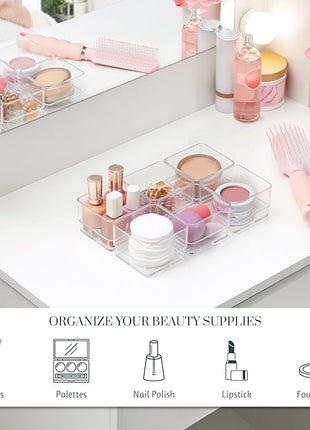 STORi SimpleSort 6-Piece Stackable Clear Drawer Organizer Set | 3" x 3" x 2" Square Trays | Small Makeup Vanity Storage Bins and Office Desk Drawer Dividers | Made in USA