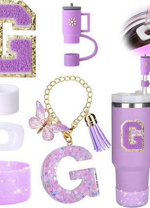 Mity rain 6PCS Cup Accessories Set for Stanley Cup 30oz 40oz tumbler with handle, Including Silicone Straw Topper Cover Cap and Boot, Spill Proof Stopper, Handle Charm, Initials Sticker (Letter G)