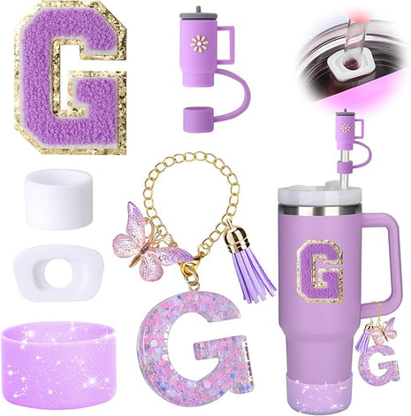 Mity rain 6PCS Cup Accessories Set for Stanley Cup 30oz 40oz tumbler with handle, Including Silicone Straw Topper Cover Cap and Boot, Spill Proof Stopper, Handle Charm, Initials Sticker (Letter G)