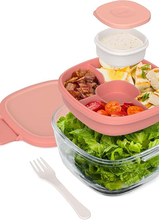 Bentgo Glass All-in-One Salad Container - Large 61-oz Salad Bowl with Lid, 4-Compartment Bento-Style Tray, 3-oz Sauce Container, and Reusable Fork - Dishwasher, Microwave, and Oven Safe (Coral)