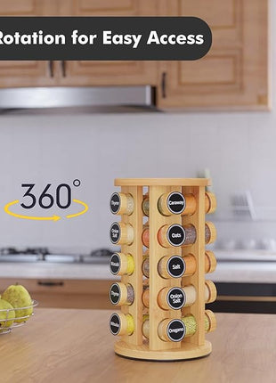 New England Stories Revolving Spice Rack Set with 20 Spice Jars, Kitchen Spice Tower Organizer for Countertop or Cabinet - Carousel Storage Includes 386 Spice Labels (Bamboo)