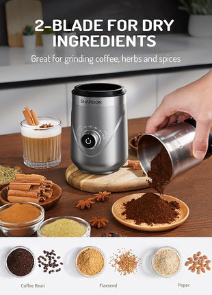 SHARDOR Electric Super Silent Blade Coffee Grinder, Timed Grind Control Rotary Knob, Adjustable Coarse to Fine for Coffee Beans, Spices & Herbs, with 2 Removable Stainless Steel Bowl, Silver