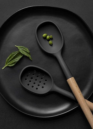 Country Kitchen Non Stick Silicone Utensil Set with Rounded Wood Handles for Cooking and Baking, 6 Piece Set, Black
