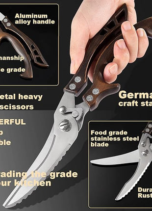 ANDONG Kitchen Scissors, Heavy Duty Professional Poultry Shears, Stainless Steel Spring Loaded, Dishwasher Safe, with Black Leather Sheath