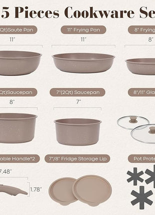 15Pcs Pots and Pans Set Non Stick, Cookware Sets with Detachable Handle, Nonstick RV Kitchen Cooking Tools Removable Handles, Oven Safe, Induction Fast, Stackable Induction Cookware, Brown