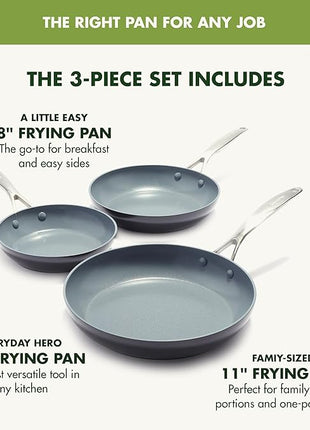GreenPan Valencia Pro Hard Anodized 3 Piece Fry Pan Skillet Set, Ceramic Nonstick 8" 9.5" and 11" Induction Suitable Frying Pans, PFAS-Free Cookware, Dishwasher Safe, Oven and Broiler Safe, Gray