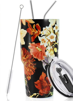 SYACOT 30oz Tumbler Double Wall Stainless Steel Vacuum Insulated Travel Mug with Splash-Proof Lid Metal Straw and Brush