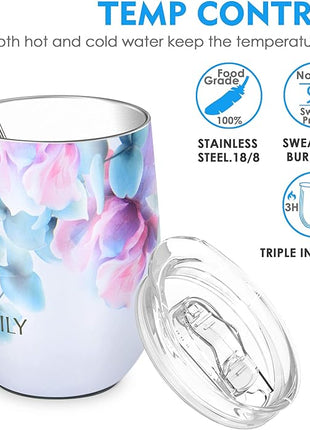 THILY Vacuum Insulated Stemless Wine Tumbler 12 oz Stainless Steel Wine Glass with Lid and Straw, Keep Cold or Hot for Coffee, Cocktails, Christmas Birthday Gift, 2 Pack(Green Plants + Pink Lilies)