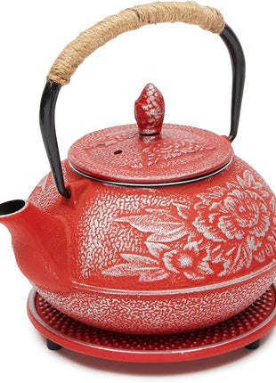 Juvale Japanese Cast Iron Teapot with Infuser - Red, 27 oz (800 ml), 3-Pc Teapot Set - Stovetop Kettle for Loose Leaf Brewing - Removable Stainless Steel Infuser & Trivet Included