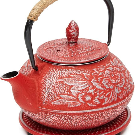 Juvale Japanese Cast Iron Teapot with Infuser - Red, 27 oz (800 ml), 3-Pc Teapot Set - Stovetop Kettle for Loose Leaf Brewing - Removable Stainless Steel Infuser & Trivet Included
