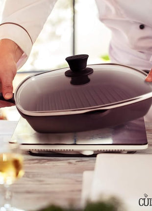 Cuisinel Cast Iron Grill Pan + Glass Lid + Silicone Handle Cover + Pan Scraper - 10.5"-inch Pre-Seasoned Square Skillet - Stovetop, Induction Safe - Indoor/Outdoor Use - for Grilling, Frying, Sautéing