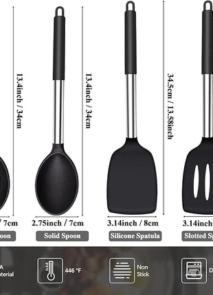 Silicone Spatula Spoon Set, 4 PCS Silicone Cooking Utensils Spatula Spoon Set with Stainless Steel Handle, BPA Free Kitchen Turners for Frying, Mixing, Serving, Draining, Turning, Stirring, Black