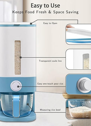 22-25 Lbs Rice Dispenser, Large Cereal Dry Food Storage Containers with Measuring Cup,BPA-Free Household for Kitchen Pantry Organization-Blue