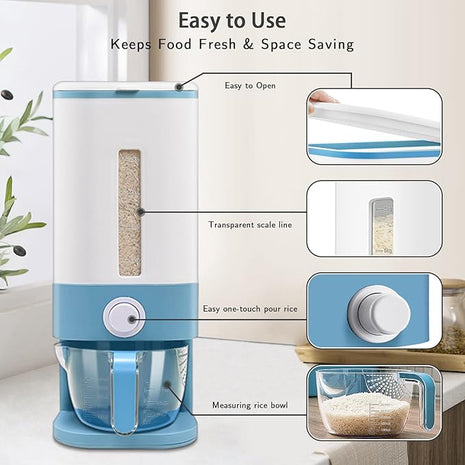 22-25 Lbs Rice Dispenser, Large Cereal Dry Food Storage Containers with Measuring Cup,BPA-Free Household for Kitchen Pantry Organization-Blue