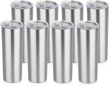HASLE OUTFITTERS 20 oz Skinny Tumblers Bulk Set, Stainless Steel Insulated Slim Tumblers with Lids Travel Water Cups(Stainless Steel, 8)