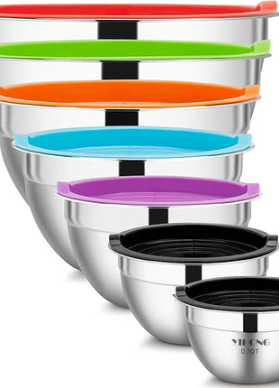 YIHONG 7 Piece Metal Mixing Bowls with Lids for Kitchen, Stainless Steel Set Ideal for Baking, Prepping, Cooking and Serving Food, Nesting Design for Space Saving Storage