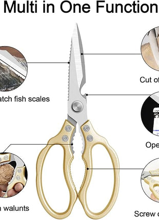 CGBE Kitchen Scissors All Purpose Heavy Duty, Ultra Sharp Stainless Steel Kitchen Shears Dishwasher Safe, Cooking Shears for Chicken, Poultry, Fish, Meat, Herbs & Grapes with Non-Slip Grips - Gold