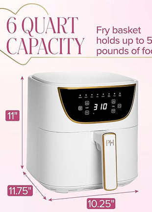 Paris Hilton Air Fryer, Large 6-Quart Capacity, Nonstick Made without PFAS, Touchscreen Display, 8-in-1 (Air Fry, Roast, Broil, Bake, Reheat, Keep Warm, Pizza, Dehydrate), Dishwasher Safe, White