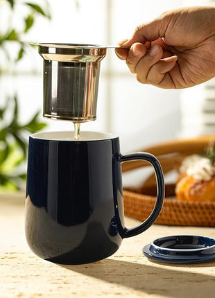 Sweese 20oz Porcelain Teacup with Infuser and Lid, Large Tea Mug for Loose Tea - Microwave and Dishwasher Safe, Insulated, Modern Design for Tea Lovers