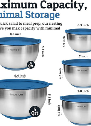Priority Chef Stainless Steel Mixing Bowls with Lids Set, Metal Nesting Bowls with Airtight Lids, Graters, Non-Slip Base & Measurement Marks, Includes Utensil Set for Prep, Baking & Storage, Blue