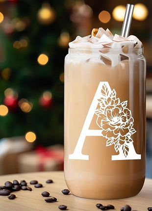 Coolife Initial Glass Cup, Monogrammed Gifts for Women, 16 oz Glass Cups w/Lids Straws, Iced Coffee Smoothie Beer Tumbler w/Straw Lid - Personalized Christmas, Birthday Gifts for Her Mom Friend Woman