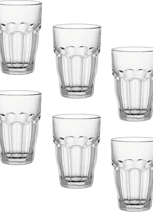 Bormioli Rocco Rock Bar Stackable Beverage, Set Of 6 Dishwasher Safe Drinking Glasses For Soda, Juice, Milk, Coke, Beer, Spirits – 12.5oz Durable Tempered Glass Water Tumblers For Daily Use